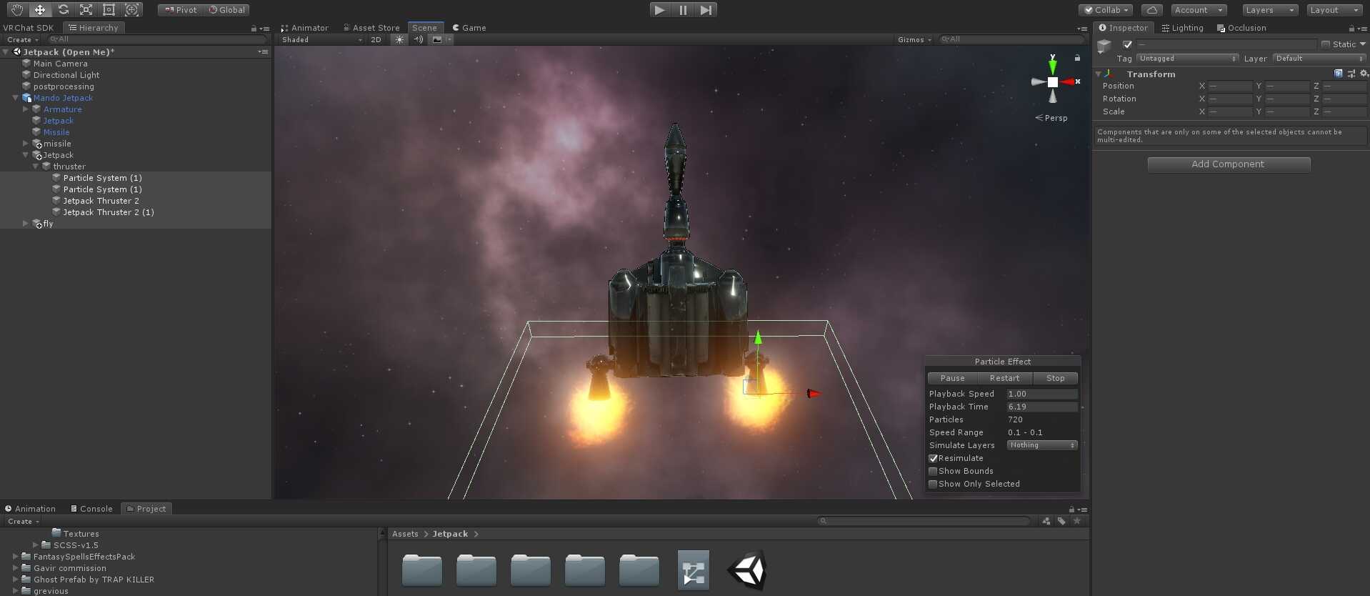 Star Wars - Mandalorian Jetpack (Remote Control Missile, Flight, Fire Trails, Explosion subemmiter, On Off Animations)